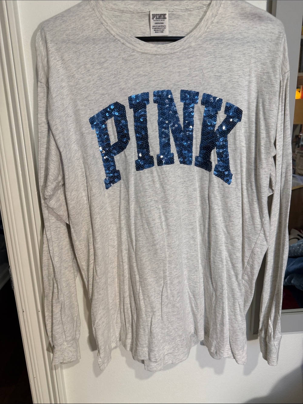 PINK Victoria's Secret Heather Gray Tee with Blue Sequin Logo